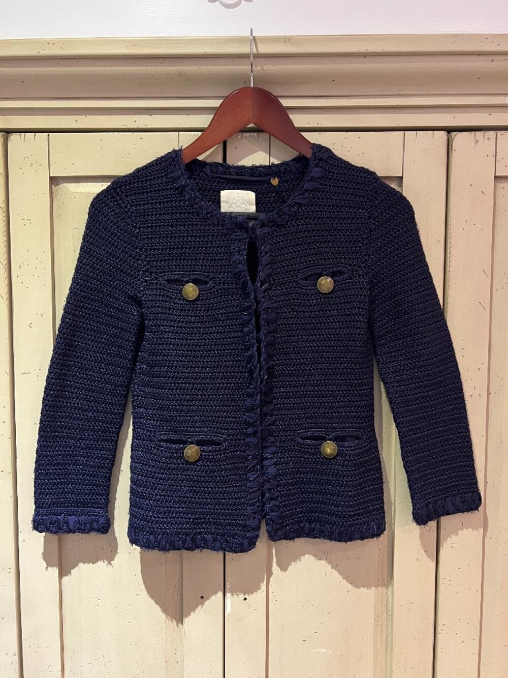 Rebecca Taylor Navy Crochet Knit Jacket Fringe Trim Brass Button Pockets XS